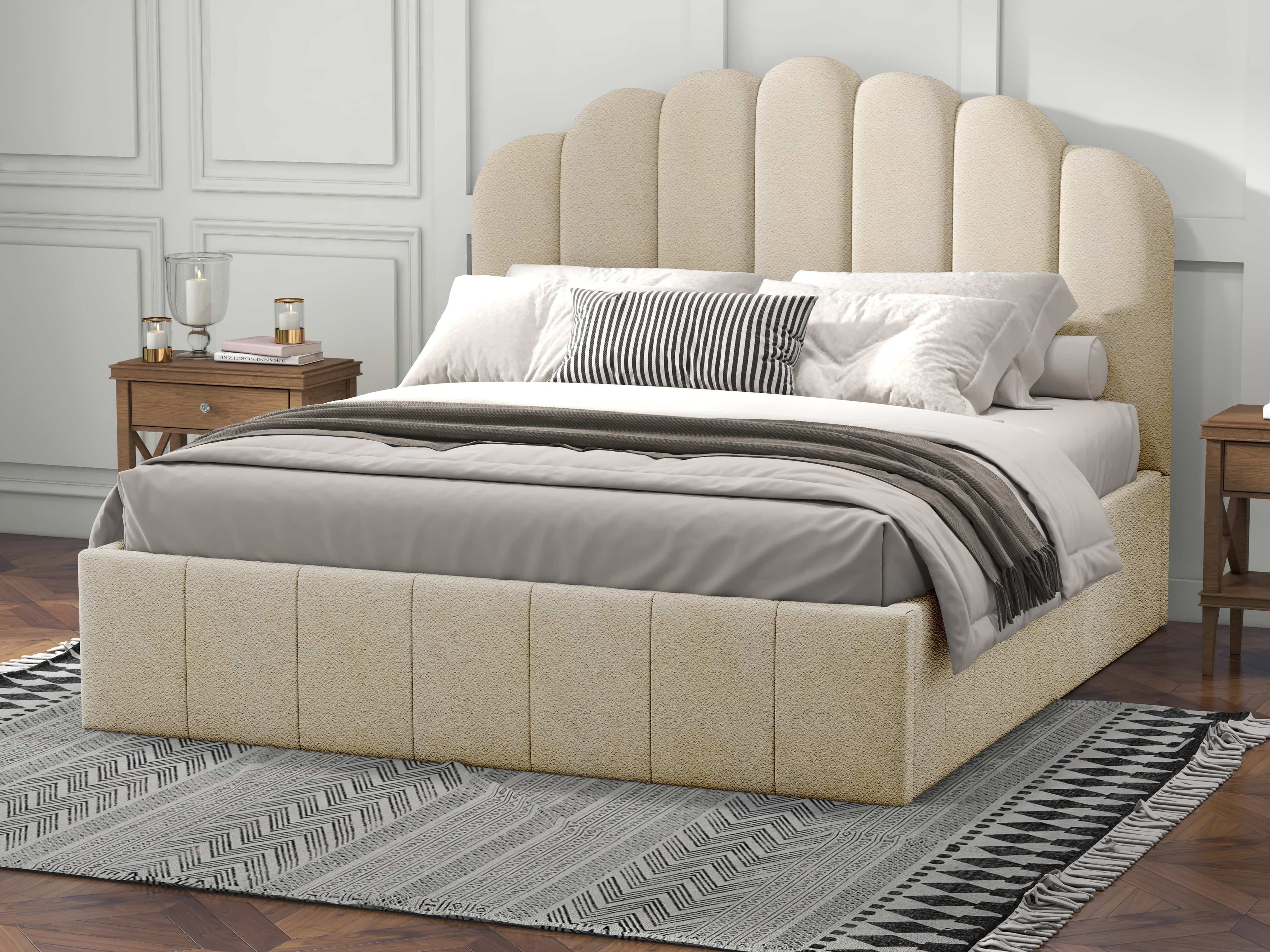 Pat dormitor dumonde, tapitat bej, Amira 140x200 cm, somiera rabatabila inclusa, spatiu depozitare