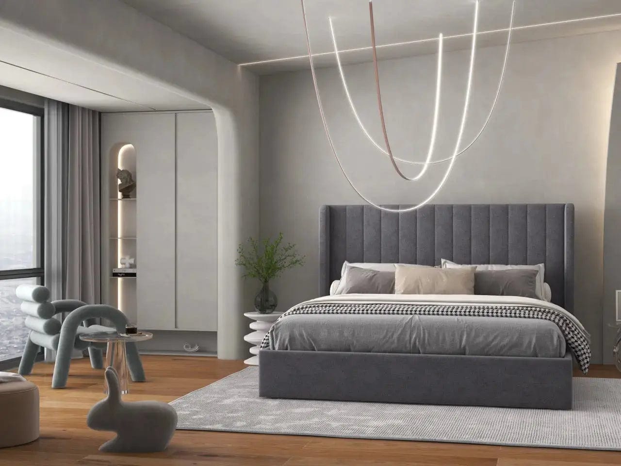 Pat dormitor dumonde, tapitat gri, Oslo 160x200 cm, somiera rabatabila inclusa, spatiu depozitare