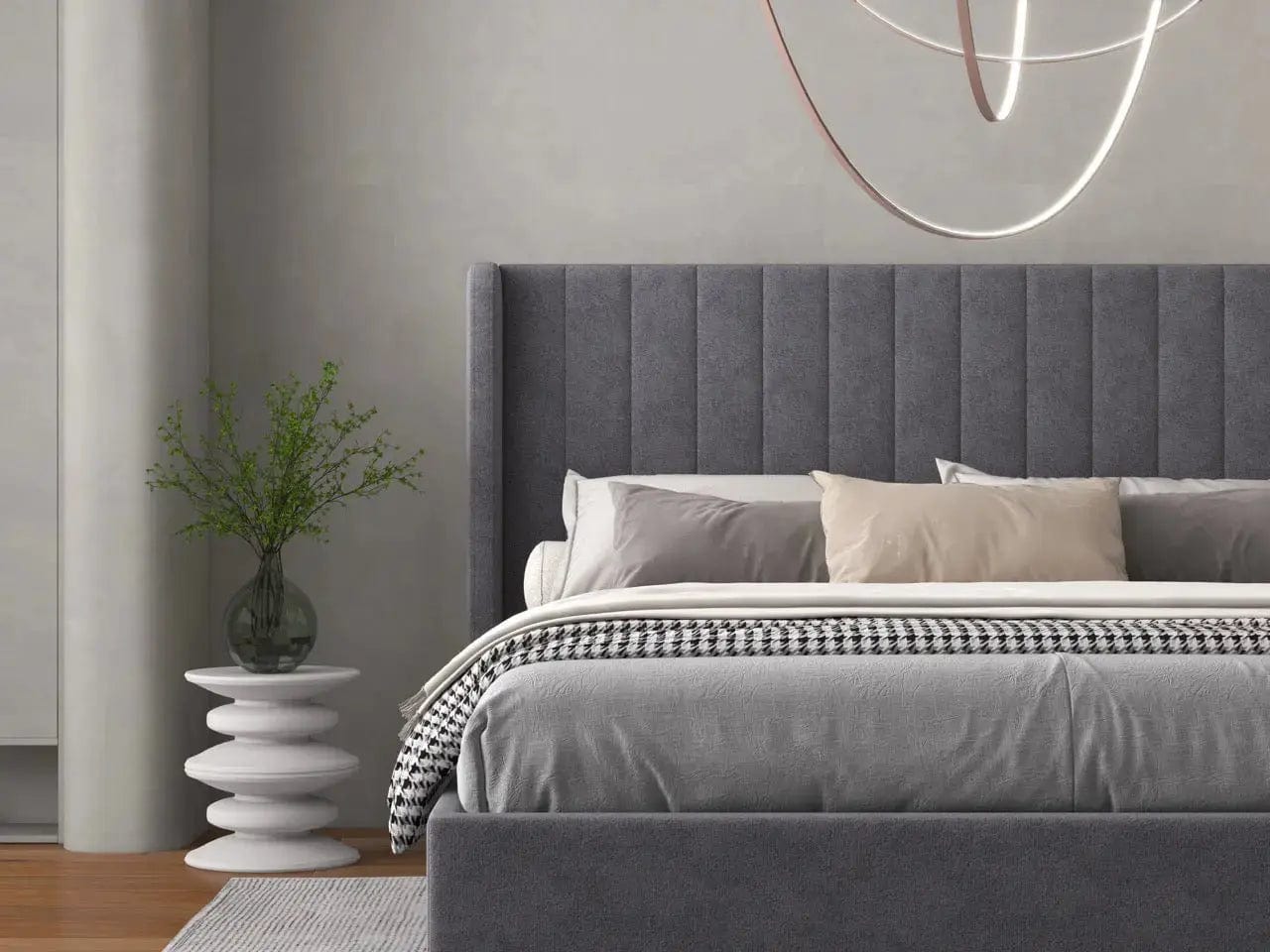 Pat dormitor dumonde, tapitat gri, Oslo 160x200 cm, somiera rabatabila inclusa, spatiu depozitare