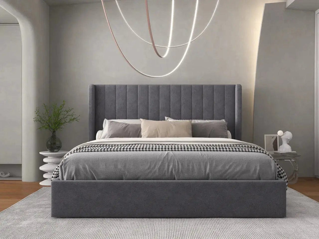 Pat dormitor dumonde, tapitat gri, Oslo 160x200 cm, somiera rabatabila inclusa, spatiu depozitare