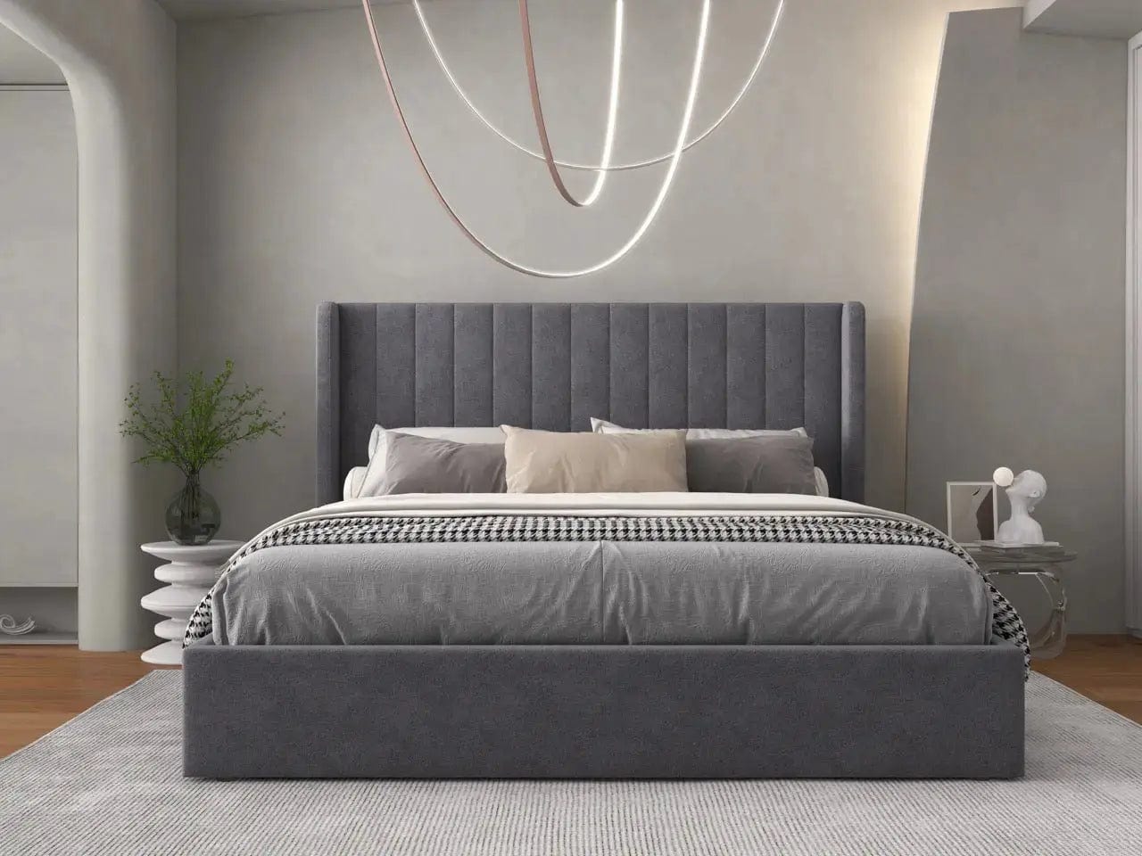 Pat dormitor dumonde, tapitat gri, Oslo 160x200 cm, somiera rabatabila inclusa, spatiu depozitare