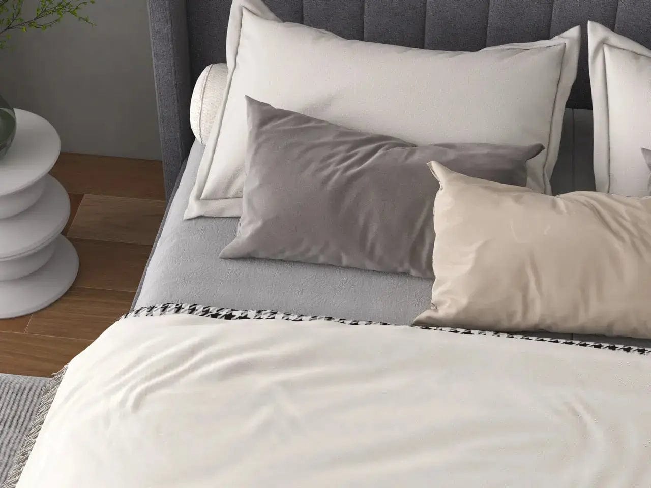 Pat dormitor dumonde, tapitat gri, Oslo 160x200 cm, somiera rabatabila inclusa, spatiu depozitare