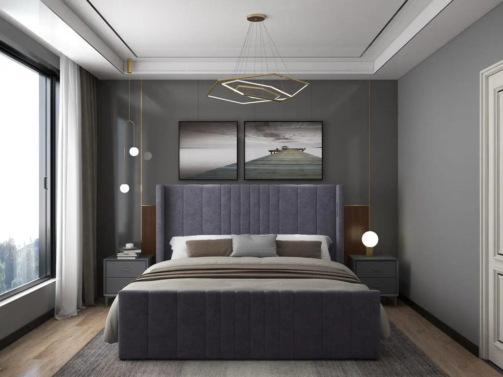 Pat dormitor dumonde, tapitat gri, cu LED, USB, Lisbon 160x200 cm, somiera rabatabila inclusa, spatiu depozitare