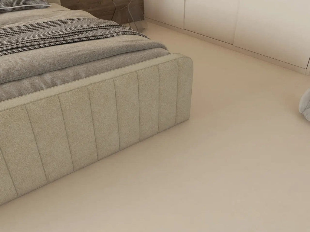 Pat dormitor dumonde, tapitat bej, Loft 160x200 cm, somiera rabatabila inclusa, spatiu depozitare