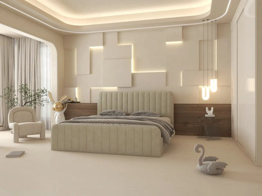 Pat dormitor dumonde, tapitat bej, Loft 160x200 cm, somiera rabatabila inclusa, spatiu depozitare