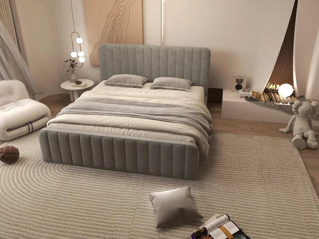 Pat dormitor dumonde, tapitat gri, Loft 160x200 cm, somiera rabatabila inclusa, spatiu depozitare