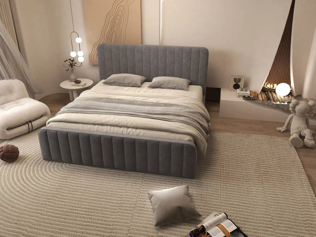 Pat dormitor dumonde, tapitat gri, Loft 180x200 cm, somiera rabatabila inclusa, spatiu depozitare