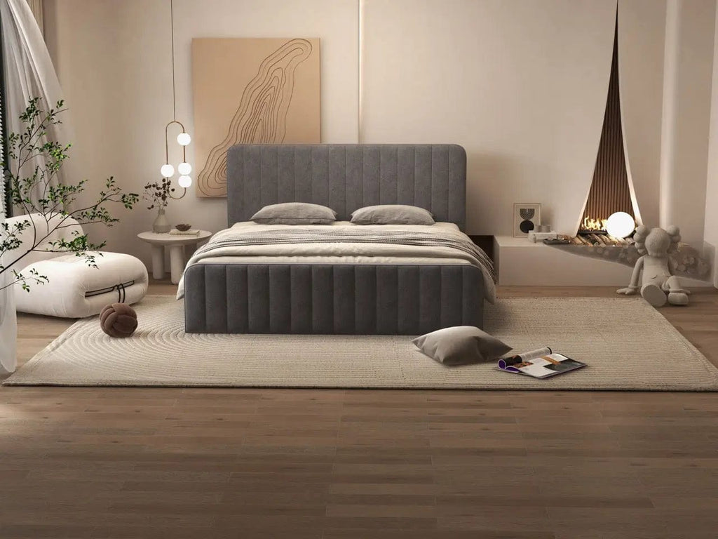 Pat dormitor dumonde, tapitat gri, Loft 180x200 cm, somiera rabatabila inclusa, spatiu depozitare