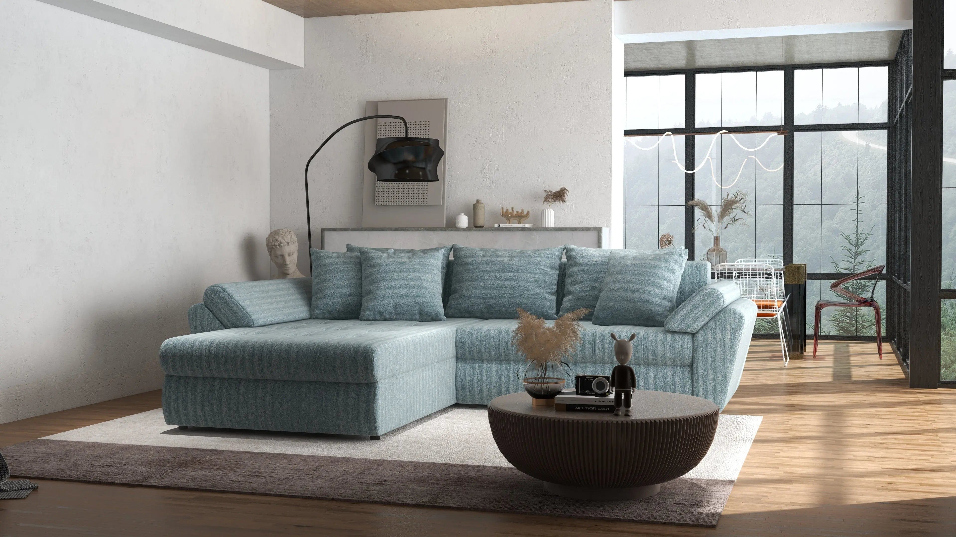 Colțar extensibil dumonde cu ladă de depozitare si sezut confortabil din spuma high-density, Loana Mint Ambience 270x185 cm