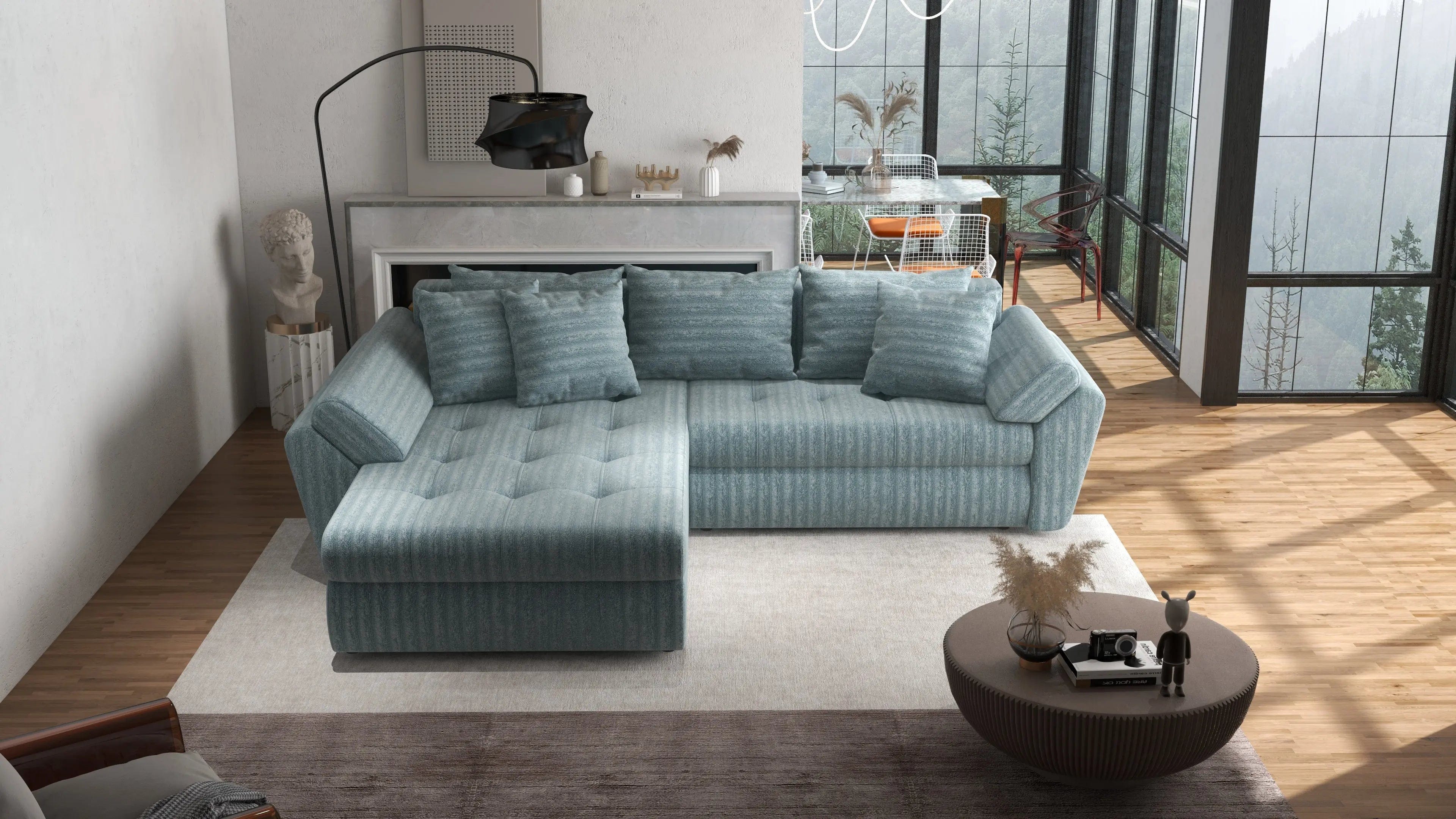Colțar extensibil dumonde cu ladă de depozitare si sezut confortabil din spuma high-density, Loana Mint Ambience 270x185 cm