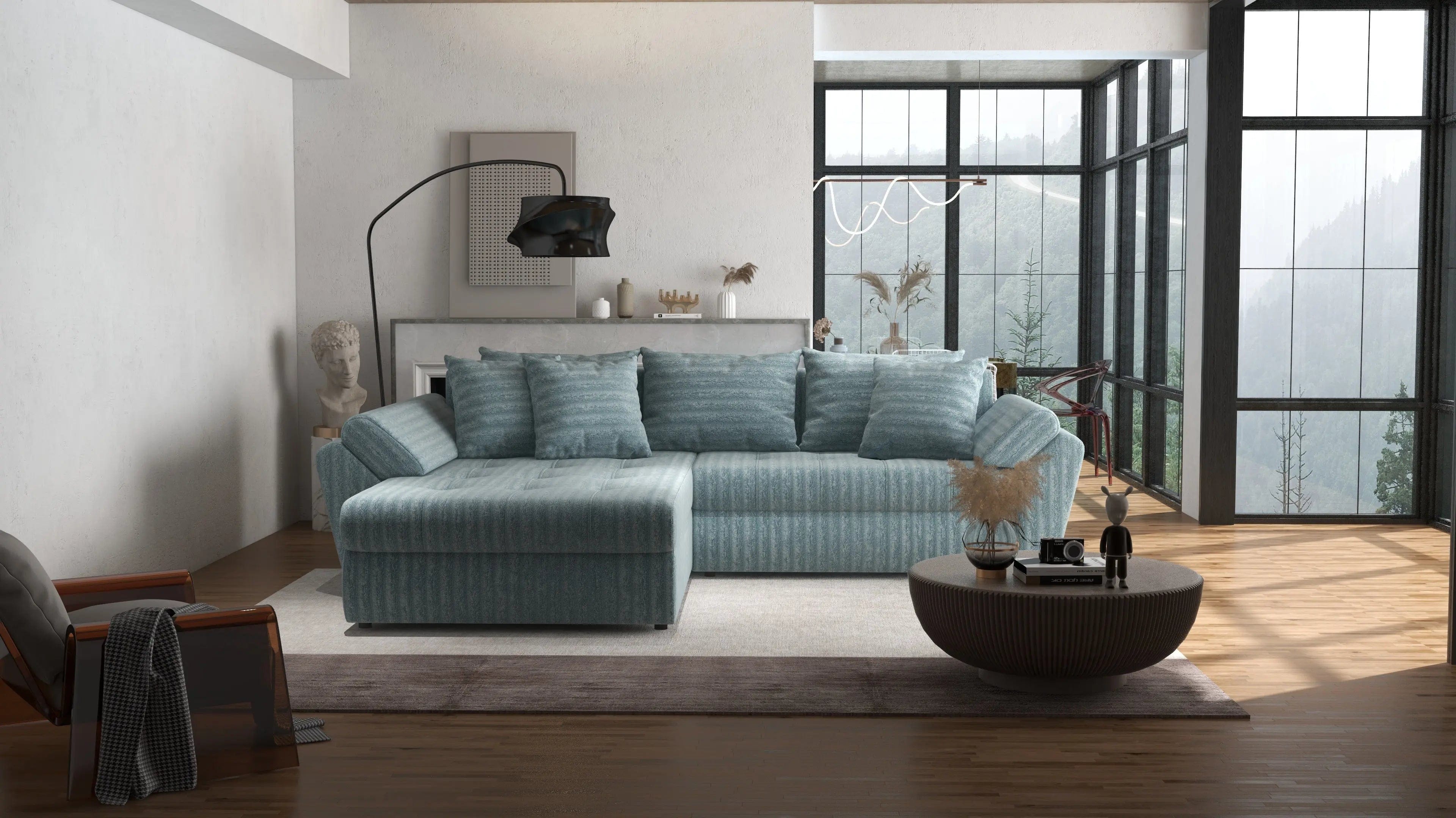 Colțar extensibil dumonde cu ladă de depozitare si sezut confortabil din spuma high-density, Loana Mint Ambience 270x185 cm
