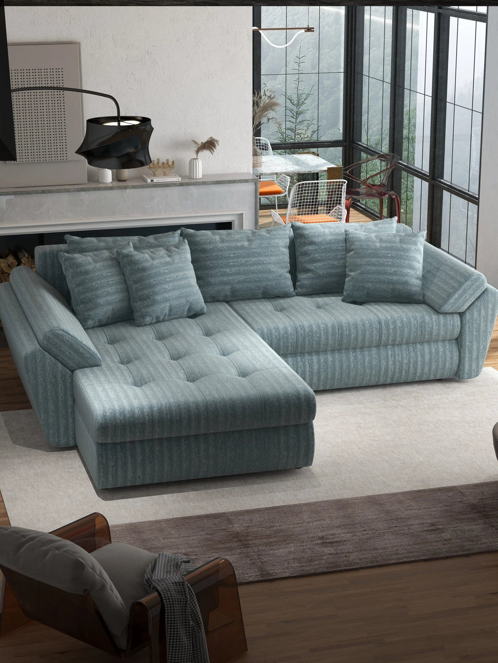 Colțar extensibil dumonde cu ladă de depozitare si sezut confortabil din spuma high-density, Loana Mint Ambience 270x185 cm