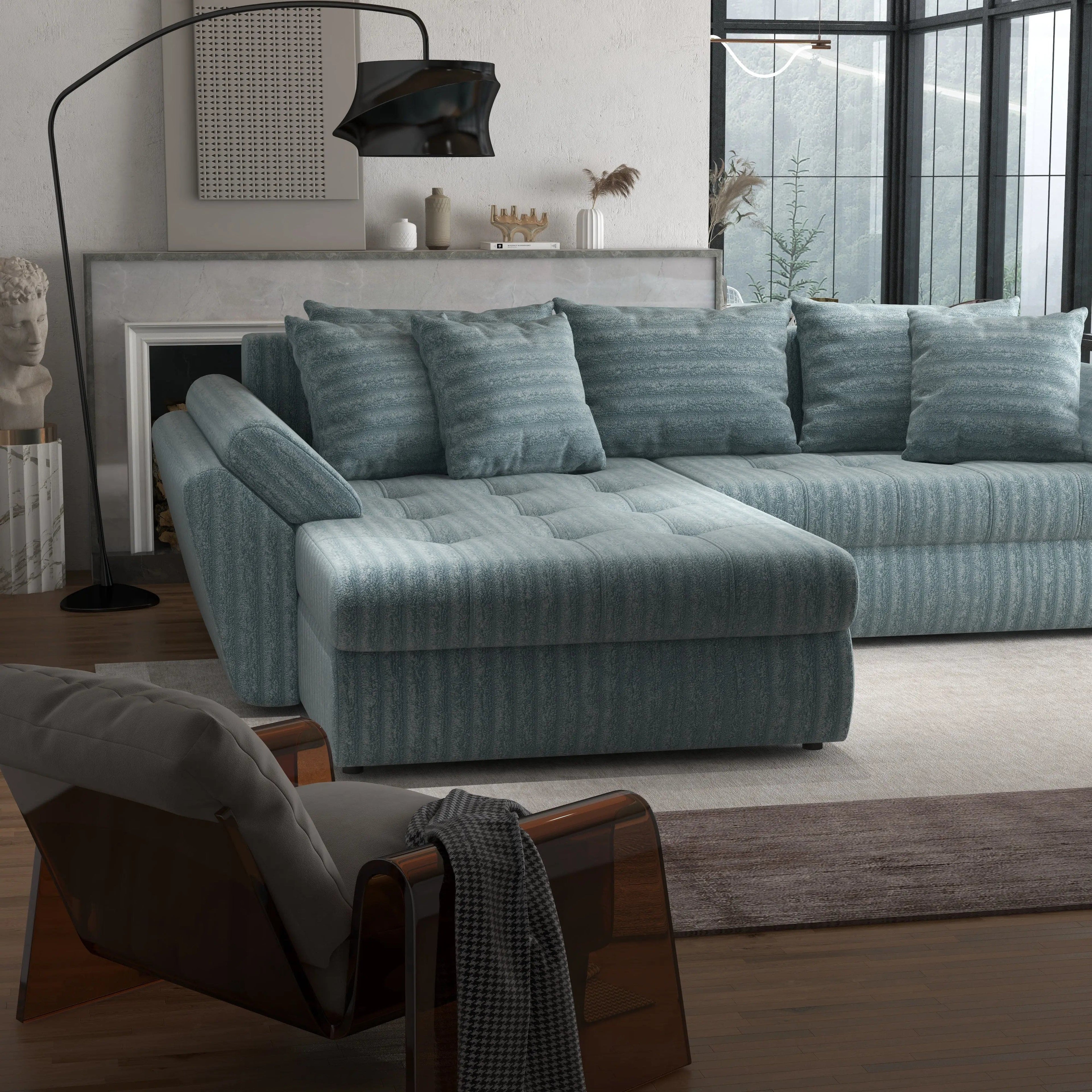 Colțar extensibil dumonde cu ladă de depozitare si sezut confortabil din spuma high-density, Loana Mint Ambience 270x185 cm