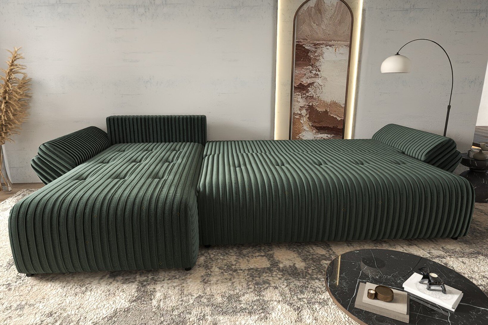 Colțar extensibil dumonde cu ladă de depozitare si sezut confortabil din spuma high-density, Berlin XL Ambience Green 350x185 cm