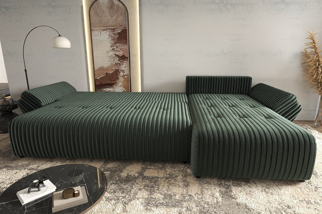 Colțar extensibil dumonde cu ladă de depozitare si sezut confortabil din spuma high-density, Berlin XL Ambience Green II 350x185 cm