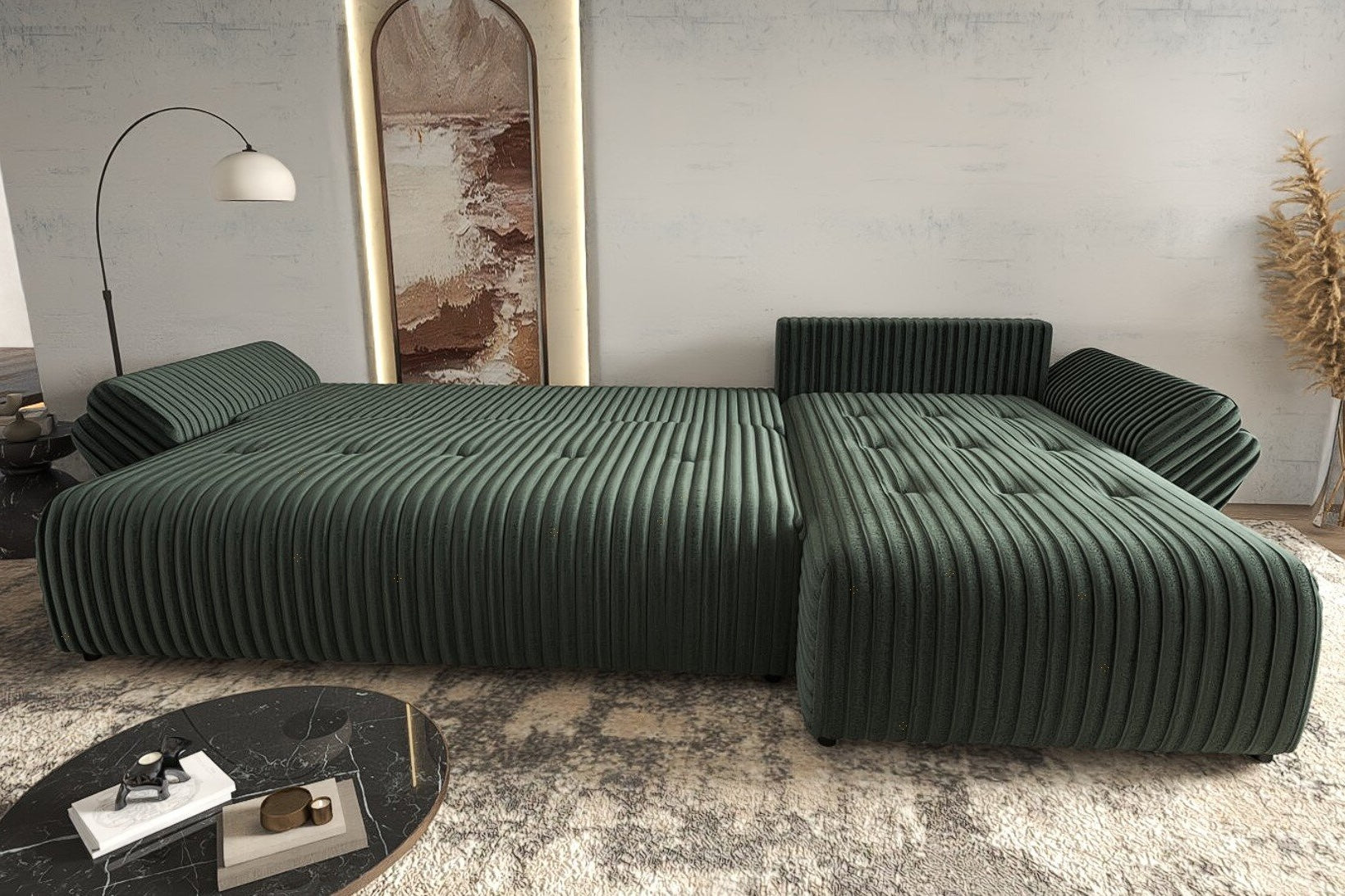 Colțar extensibil dumonde cu ladă de depozitare si sezut confortabil din spuma high-density, Berlin XL Ambience Green II 350x185 cm