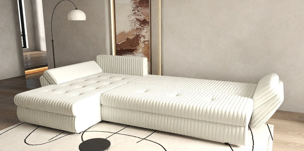 Colțar extensibil dumonde cu ladă de depozitare si sezut confortabil din spuma high-density, Loana XL Ambience Ivory II 335x185 cm