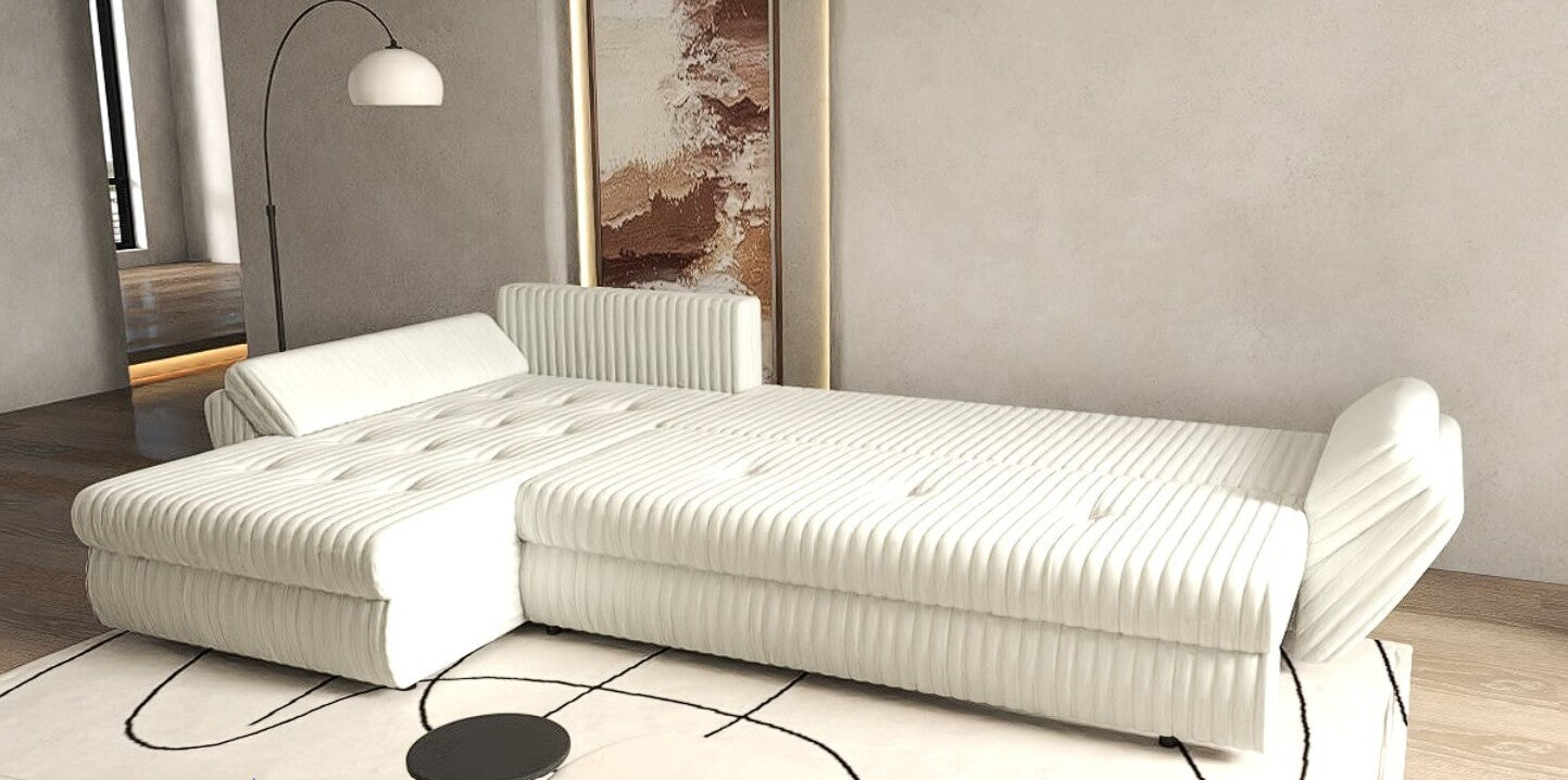 Colțar extensibil dumonde cu ladă de depozitare si sezut confortabil din spuma high-density, Loana XL Ambience Ivory II 335x185 cm