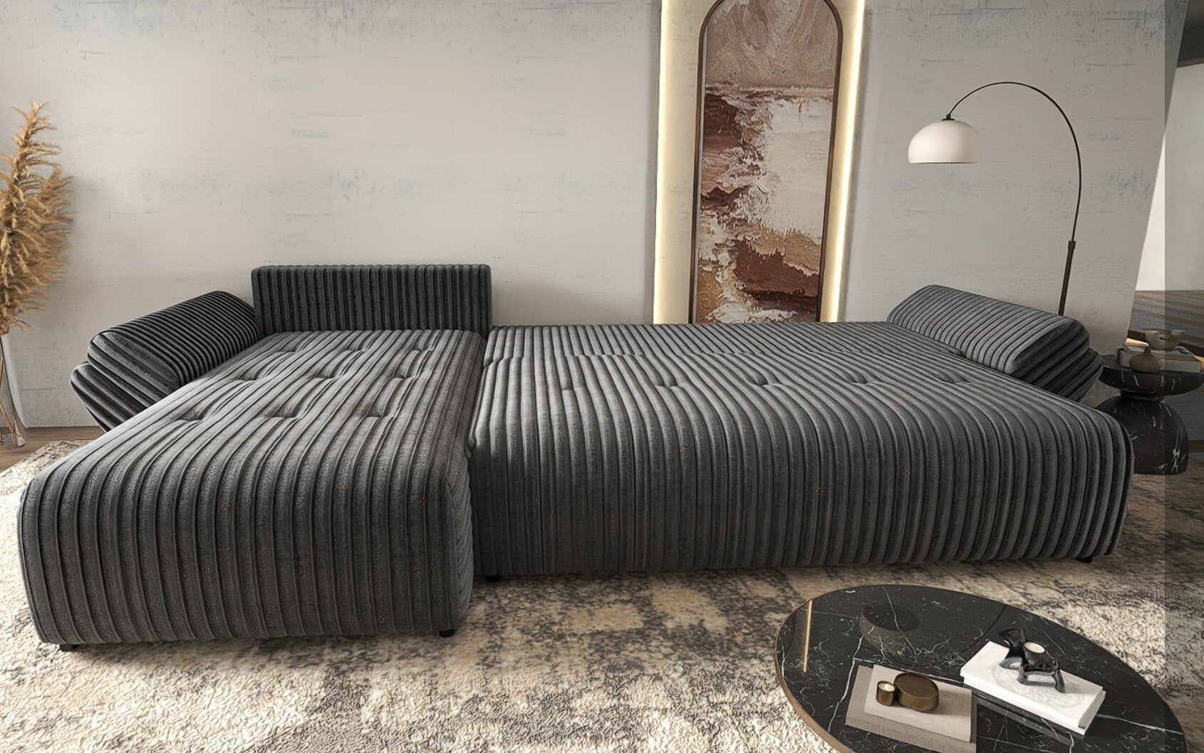Colțar extensibil dumonde cu ladă de depozitare si sezut confortabil din spuma high-density, Berlin XL Ambience Grey 350x185 cm