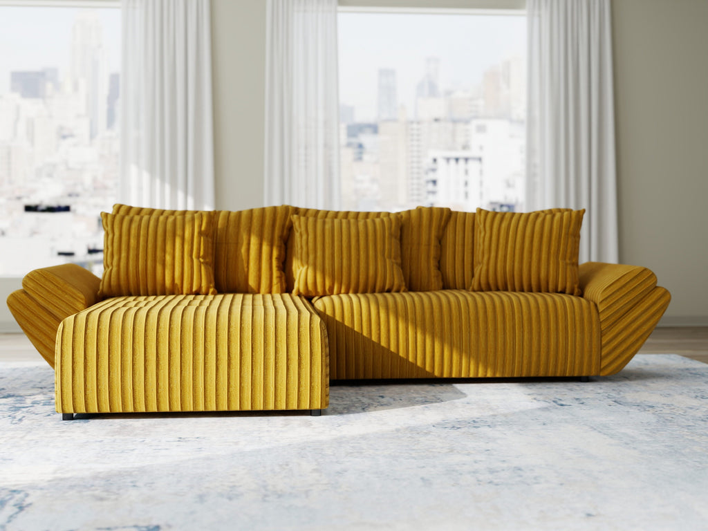Colțar extensibil dumonde cu ladă de depozitare si sezut confortabil din spuma high-density, Berlin Ambience Mustar 280x185 cm