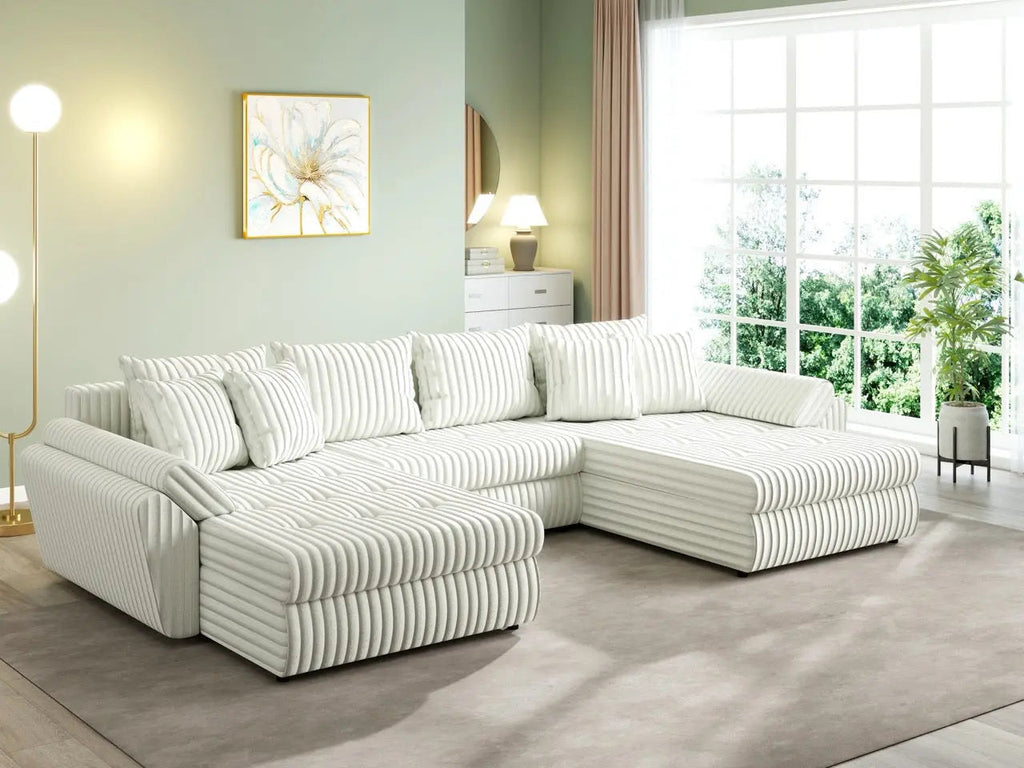 Colțar extensibil dumonde cu ladă de depozitare si sezut confortabil din spuma high-density, Loana U Ambience Ivory 355x185 cm