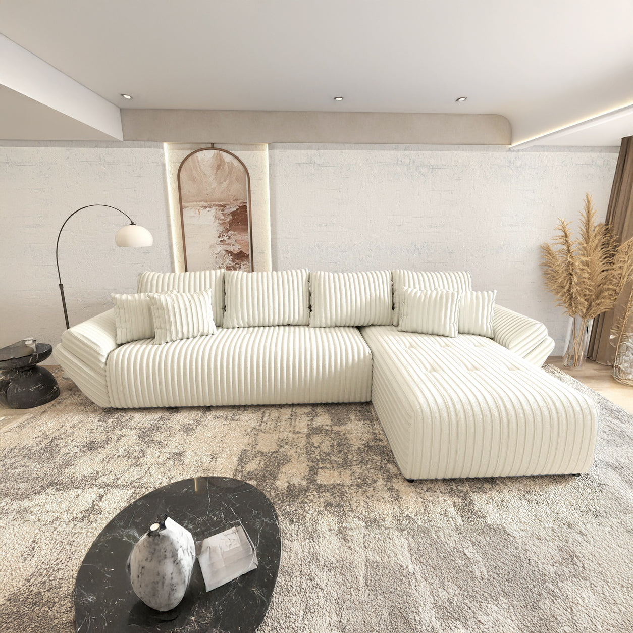 Colțar extensibil dumonde cu ladă de depozitare si sezut confortabil din spuma high-density, Berlin XL Ambience Ivory II 350x185 cm