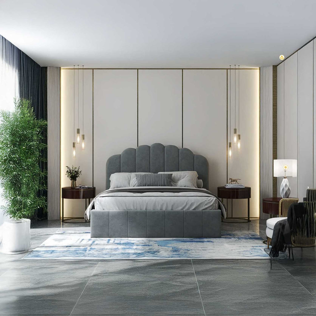 Pat dormitor dumonde, tapitat gri, Amira 140x200 cm, somiera rabatabila inclusa, spatiu depozitare