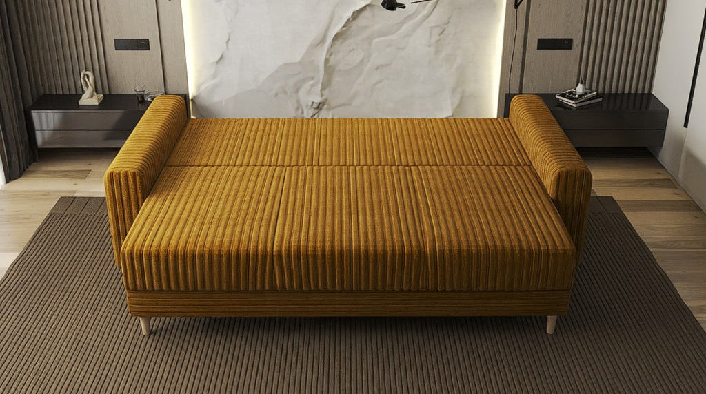 Canapea extensibilă dumonde cu ladă de depozitare si sezut confortabil din spuma high-density, Kronos Ambience Mustar 210x100 cm