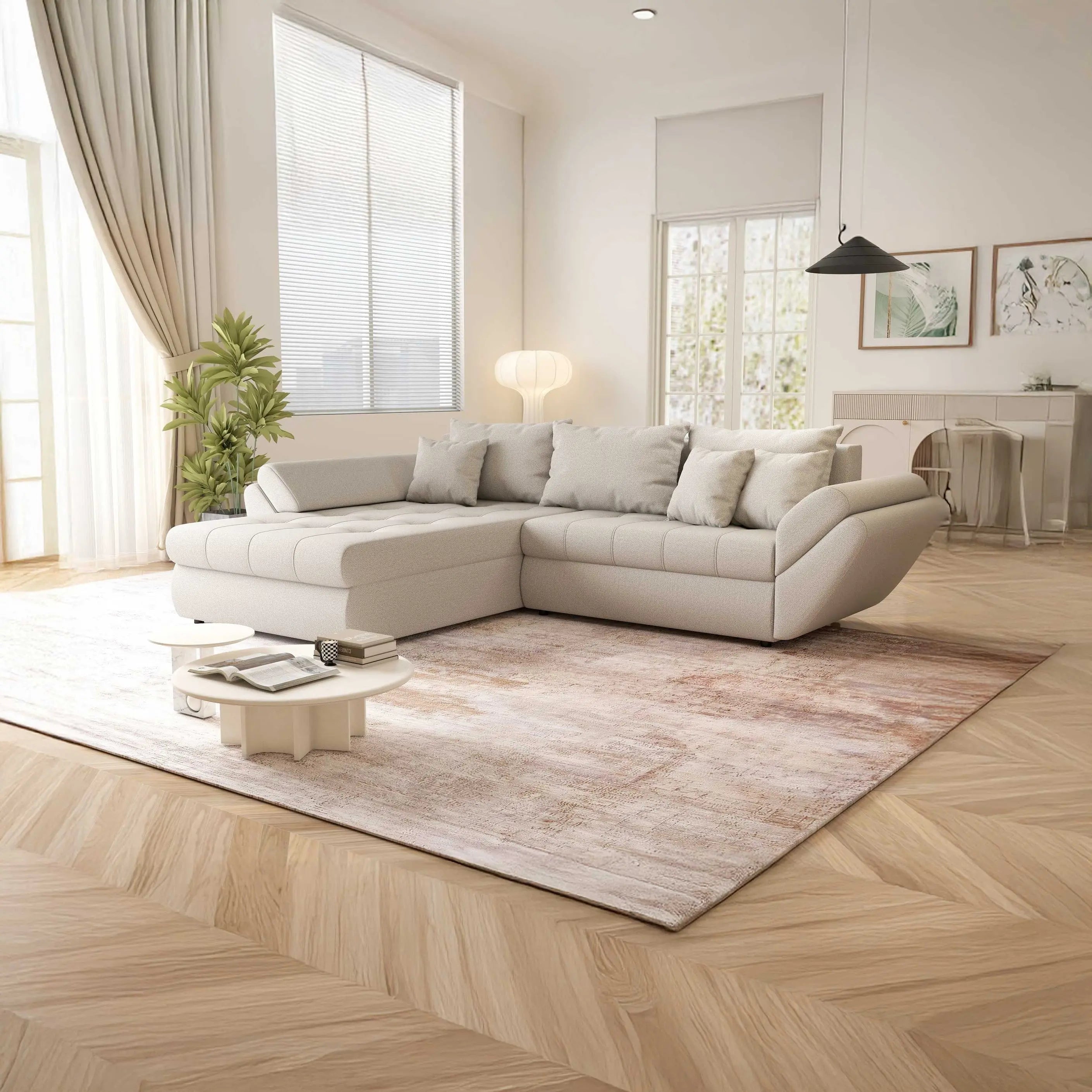 Colțar extensibil dumonde cu ladă de depozitare si sezut confortabil din spuma high-density, Loana Enjoy Camel 270x185 cm