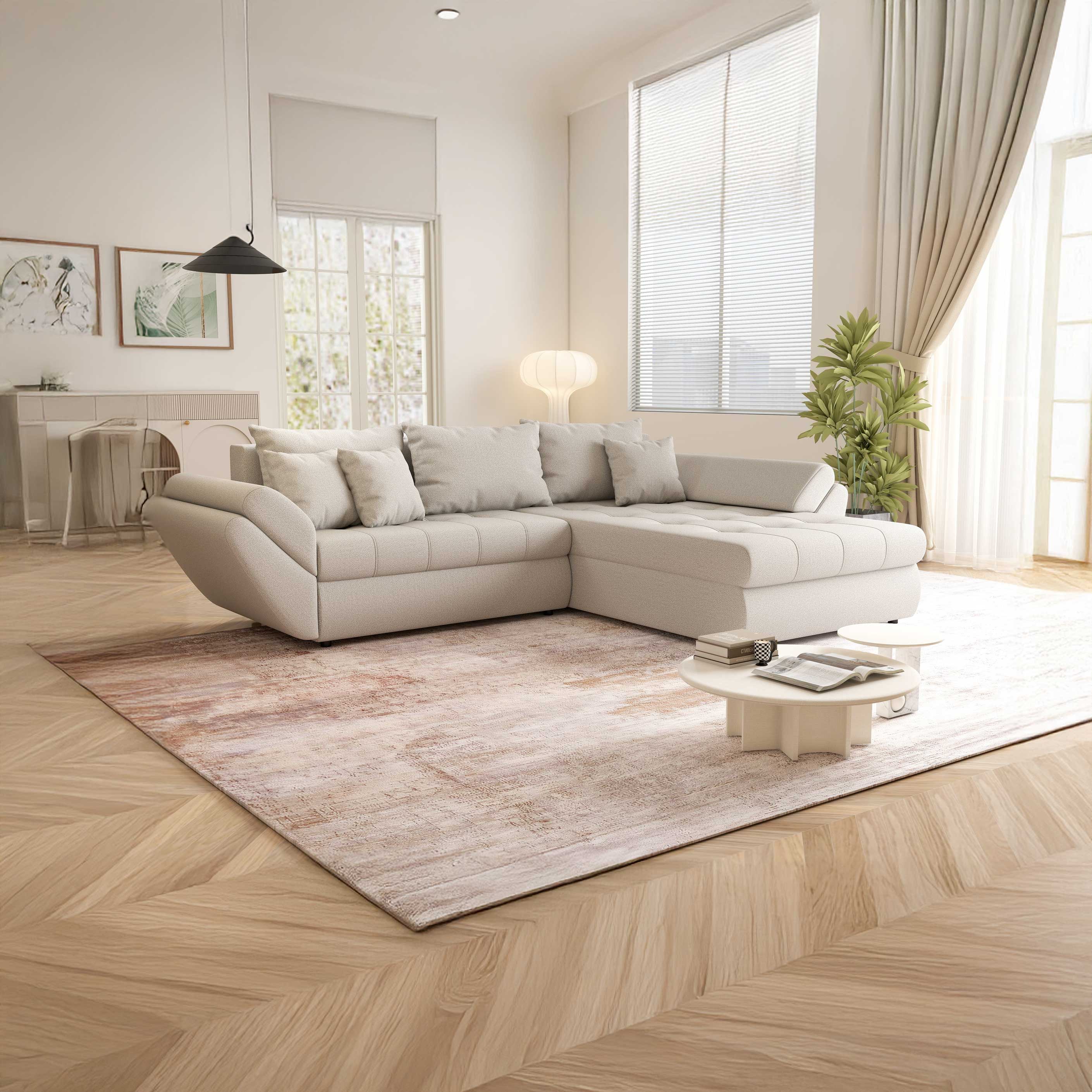 Colțar extensibil dumonde cu ladă de depozitare si sezut confortabil din spuma high-density, Loana Enjoy Bej II 270x185 cm