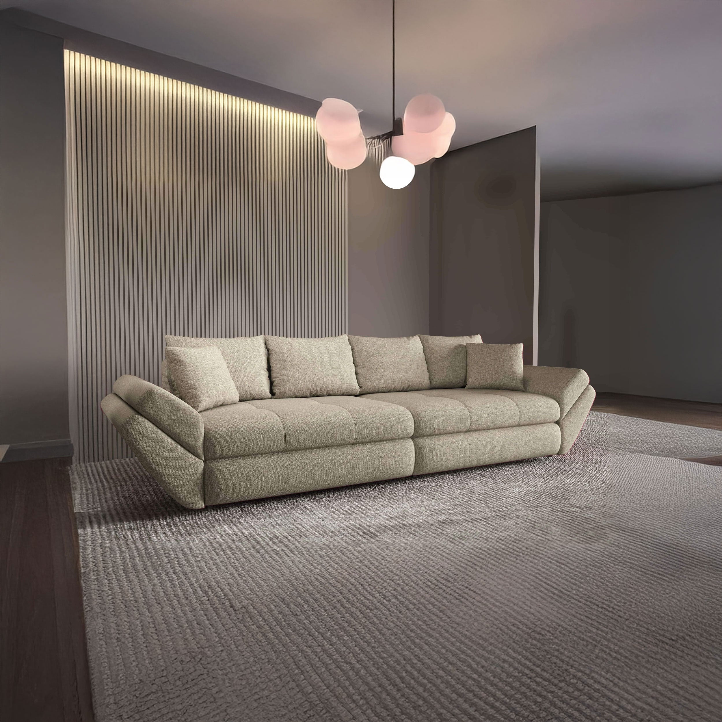 Canapea extensibilă dumonde cu ladă de depozitare si sezut confortabil din spuma high-density, Loana Enjoy Camel 300x100 cm