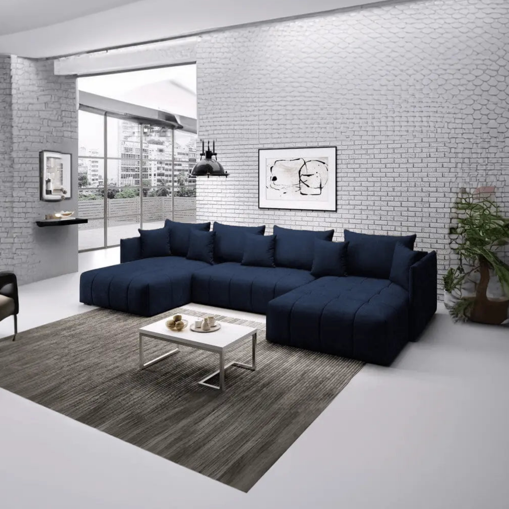 Colțar extensibil dumonde cu ladă de depozitare si sezut confortabil din spuma high-density, Malta U Royal Blue 340x185 cm