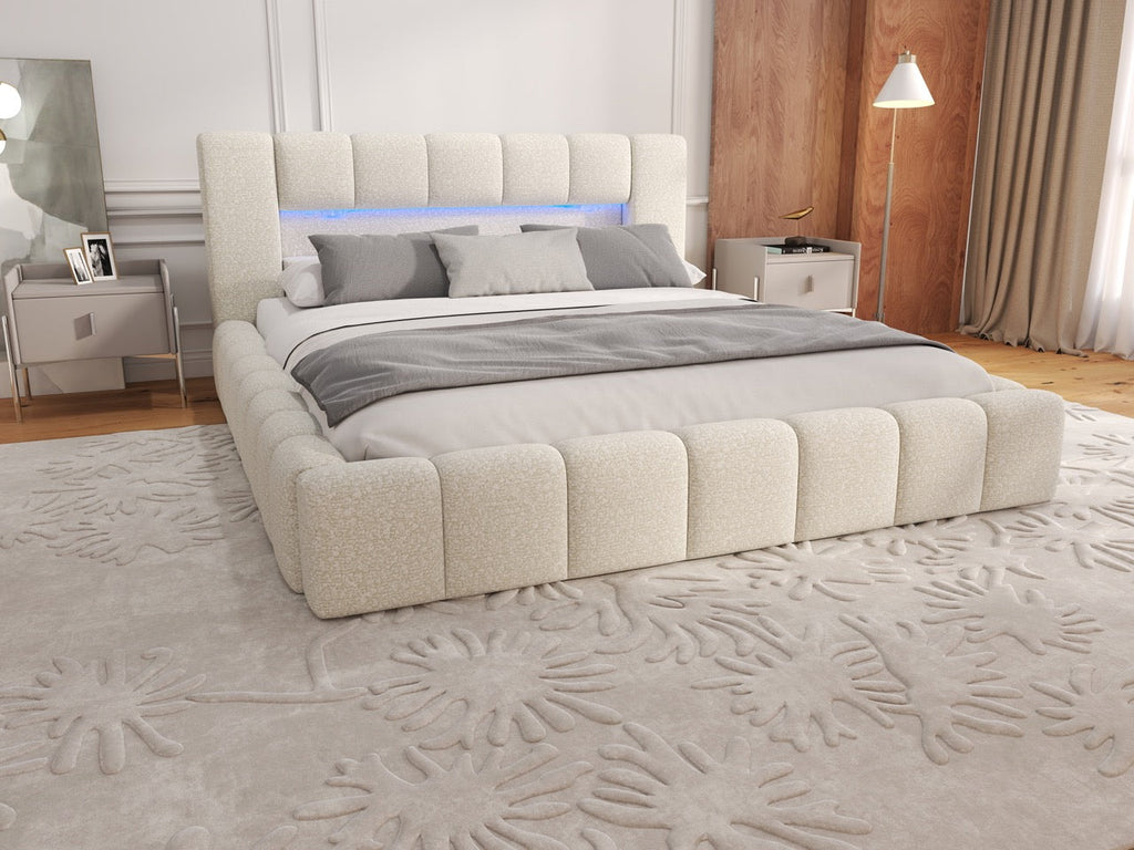 Pat dormitor dumonde, tapitat bej cu LED si USB, Palermo 160x200 cm, somiera rabatabila inclusa, spatiu depozitare