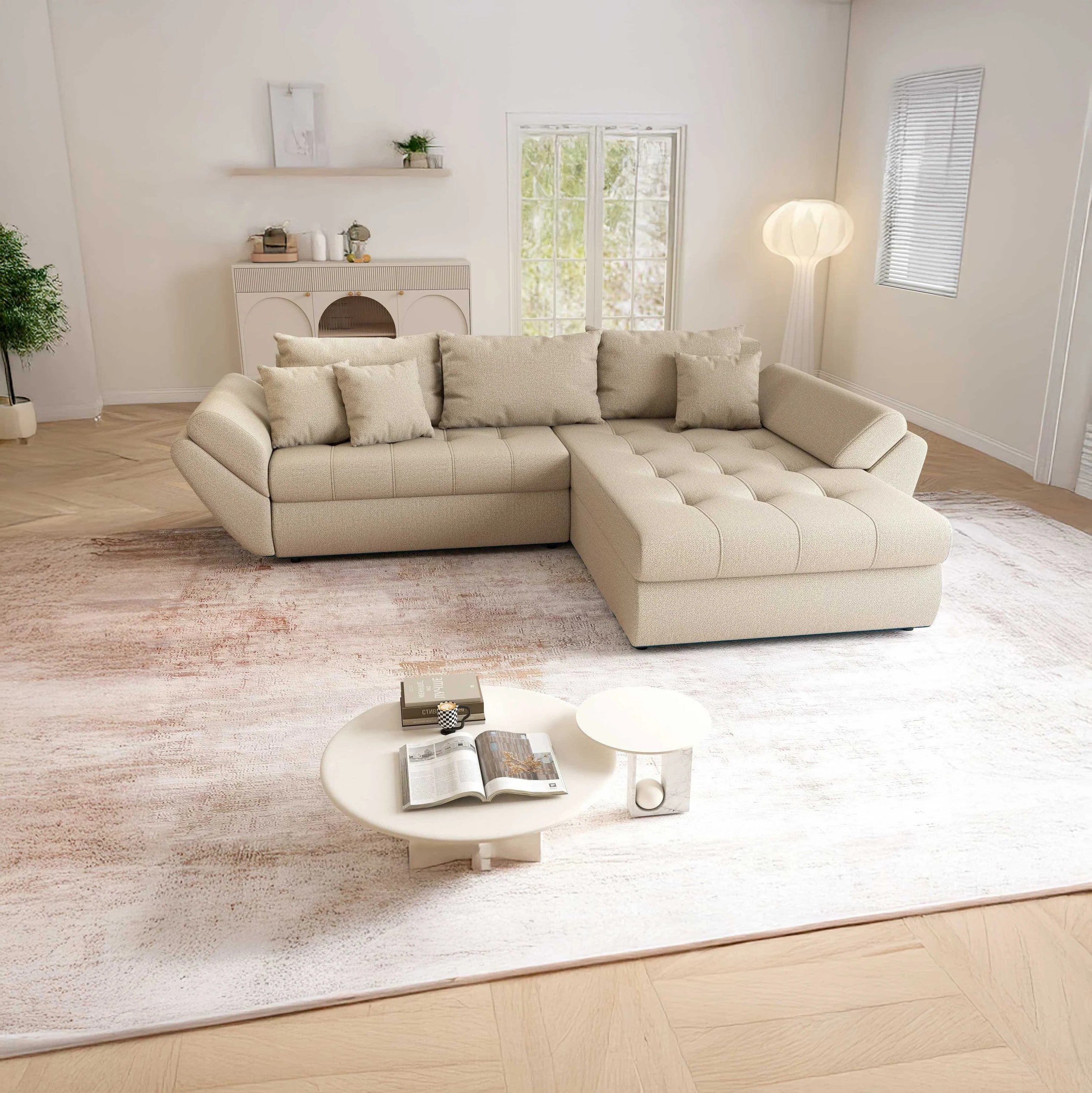 Colțar extensibil dumonde cu ladă de depozitare si sezut confortabil din spuma high-density, Loana Enjoy Camel II 270x185 cm