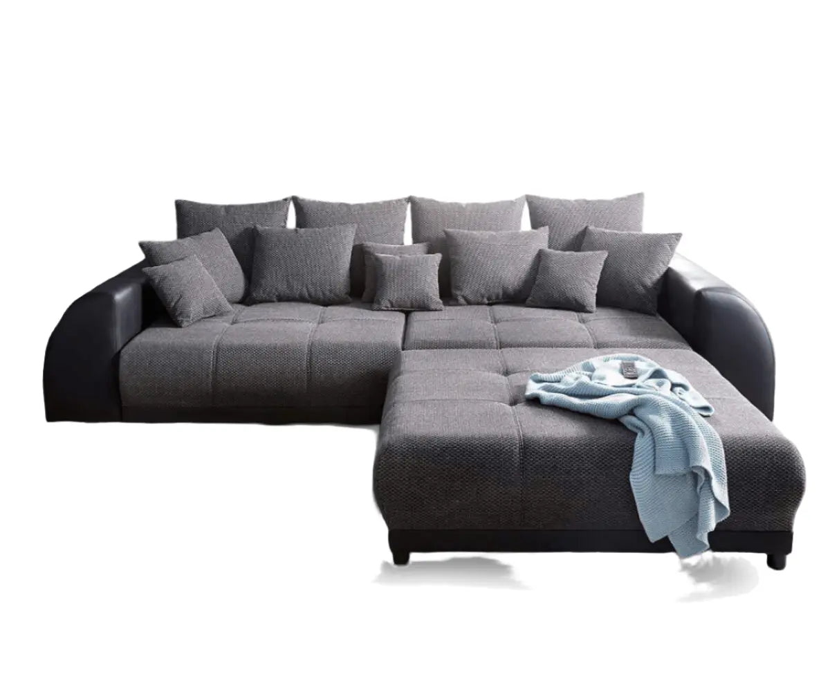 Canapea extensibilă dumonde cu 2 lăzi de depozitare si sezut confortabil din spuma high-density, Verona Magma Black 310x100 cm cu taburet inclus