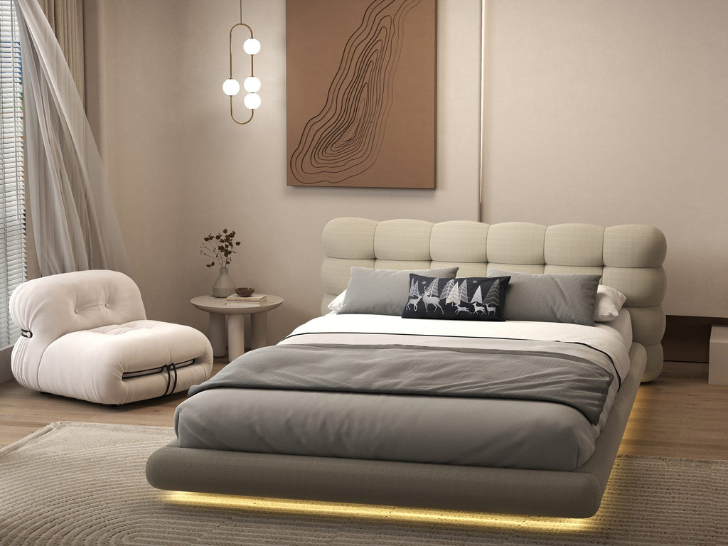 Pat dormitor dumonde, tapitat bej cu LED "floating bed" Cloud 160x200 cm, somiera inclusa