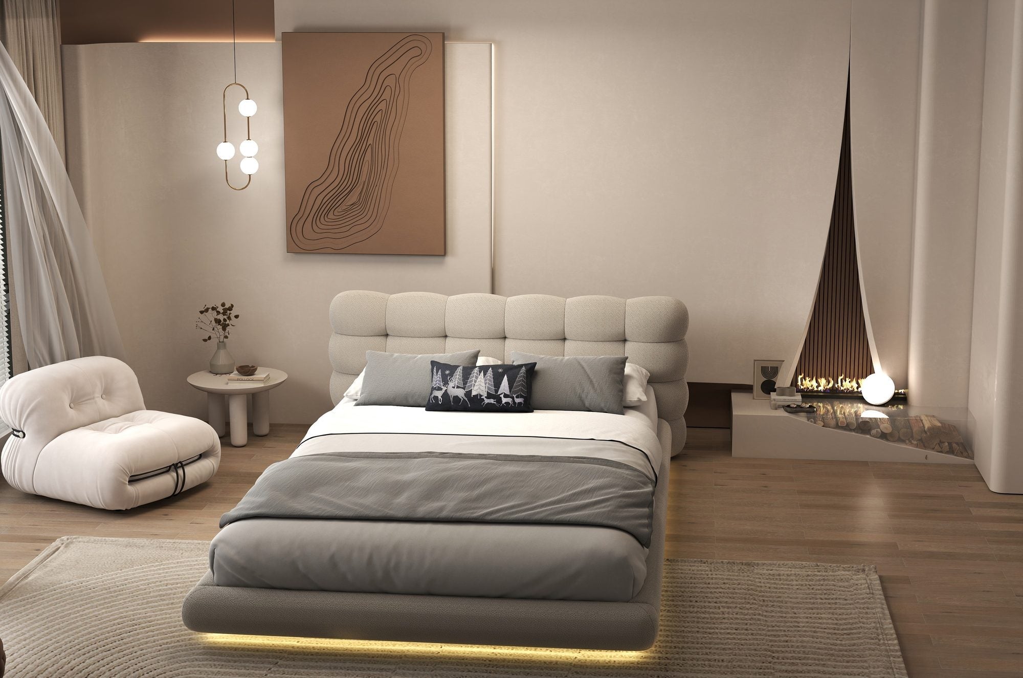 Pat dormitor dumonde, tapitat bej cu LED "floating bed" Cloud 160x200 cm, somiera inclusa
