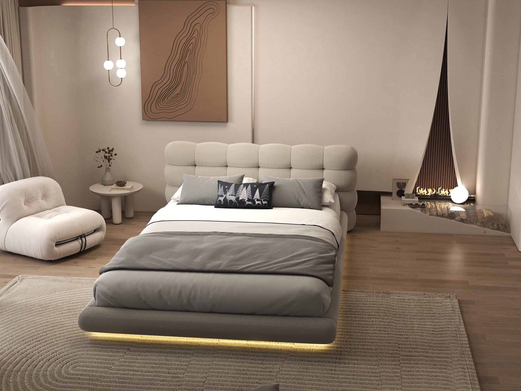 Pat dormitor dumonde, tapitat bej cu LED "floating bed" Cloud 160x200 cm, somiera inclusa
