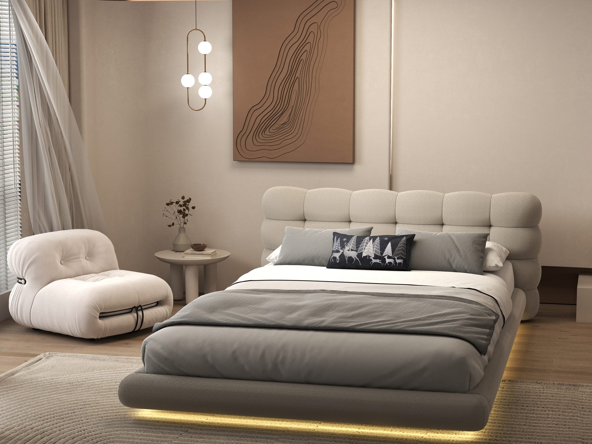 Pat dormitor dumonde, tapitat bej cu LED "floating bed" Cloud 160x200 cm, somiera inclusa