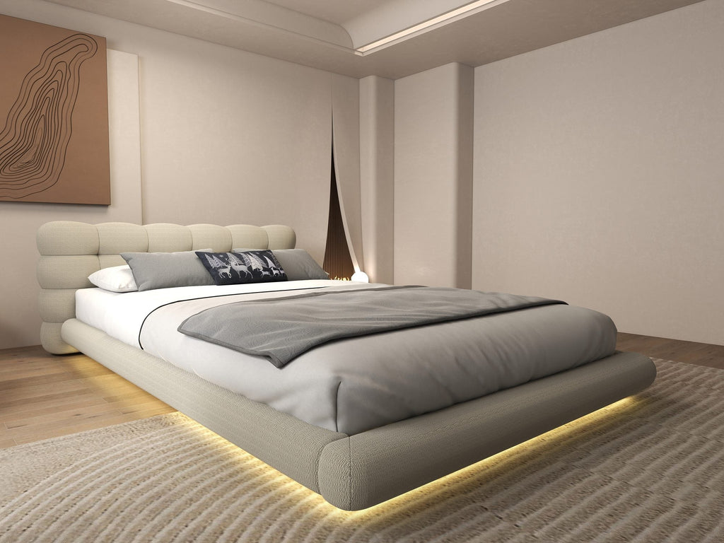 Pat dormitor dumonde, tapitat bej cu LED "floating bed" Cloud 160x200 cm, somiera inclusa