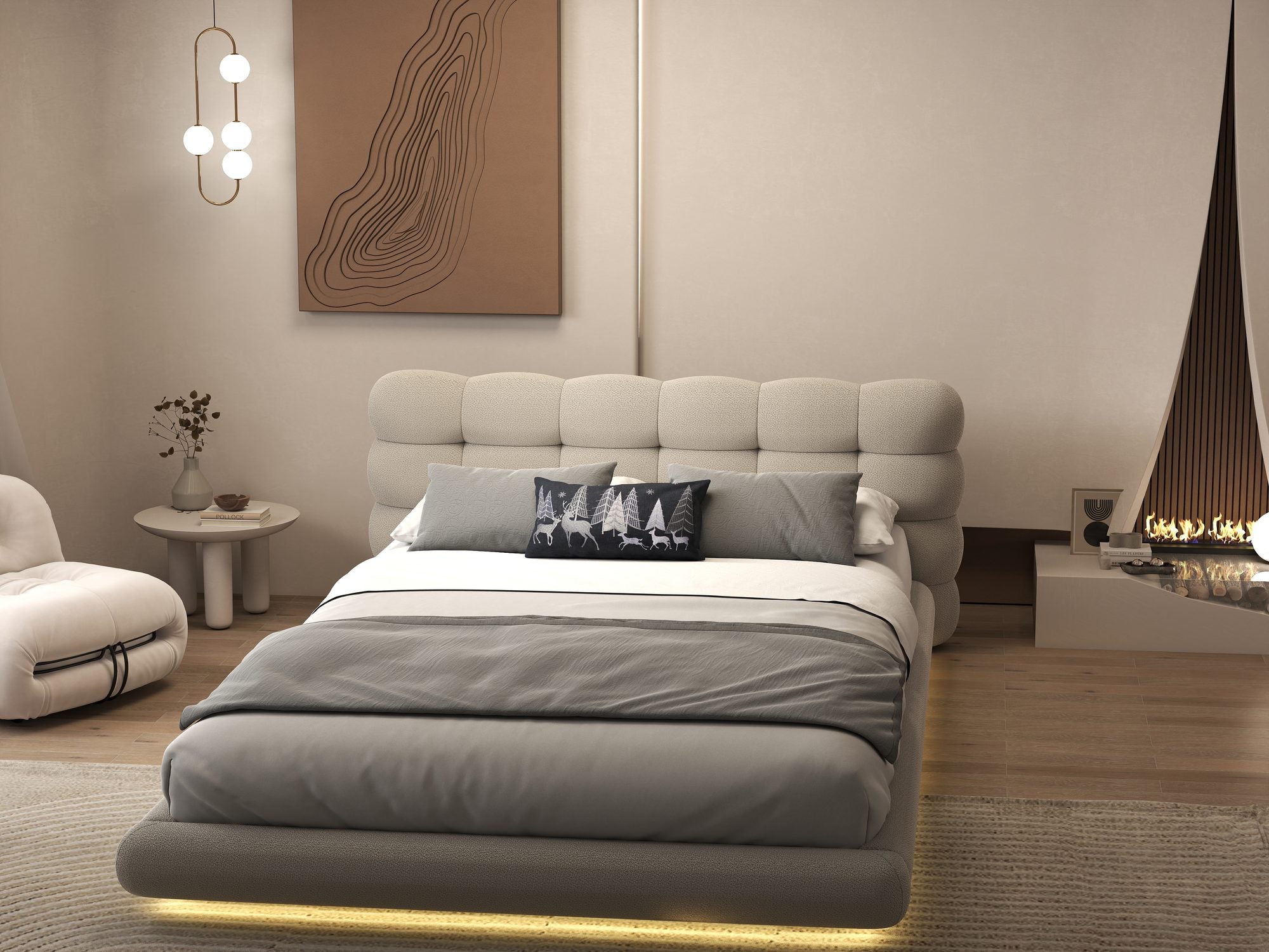 Pat dormitor dumonde, tapitat bej cu LED "floating bed" Cloud 160x200 cm, somiera inclusa