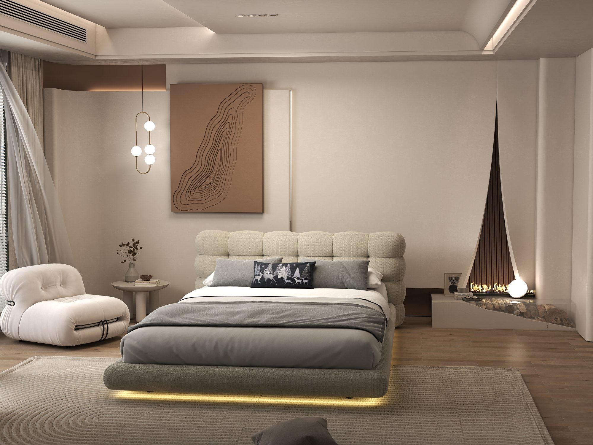 Pat dormitor dumonde, tapitat bej cu LED "floating bed" Cloud 160x200 cm, somiera inclusa