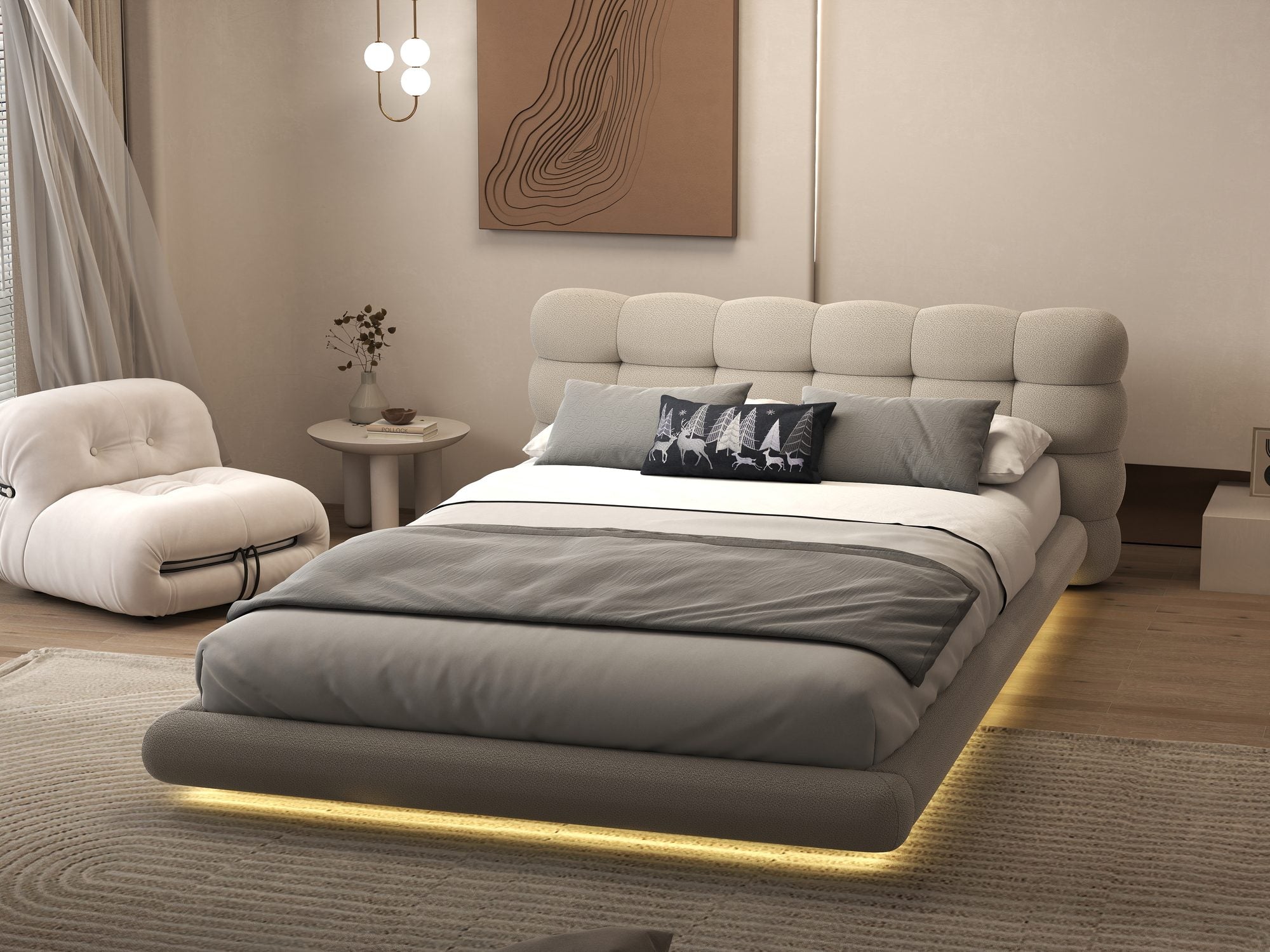Pat dormitor dumonde, tapitat bej cu LED "floating bed" Cloud 160x200 cm, somiera inclusa