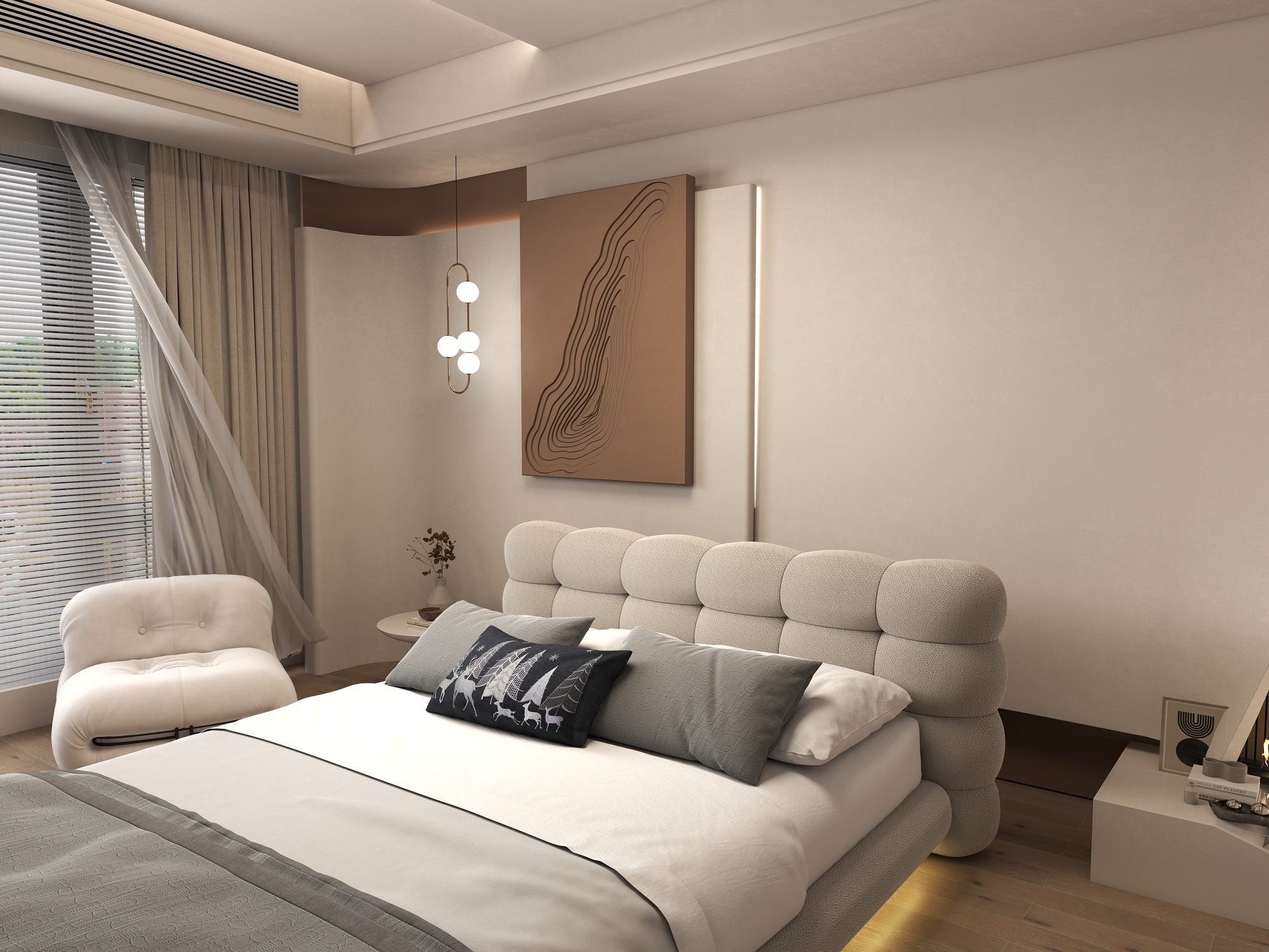 Pat dormitor dumonde, tapitat bej cu LED "floating bed" Cloud 160x200 cm, somiera inclusa