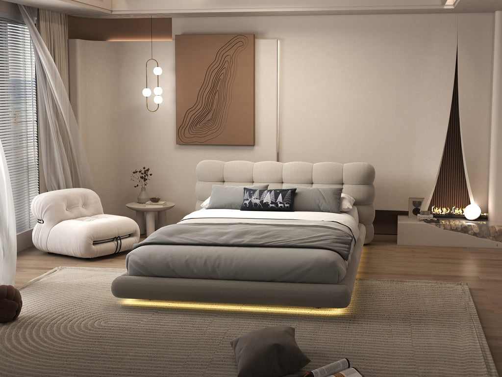 Pat dormitor dumonde, tapitat bej cu LED "floating bed" Cloud 160x200 cm, somiera inclusa