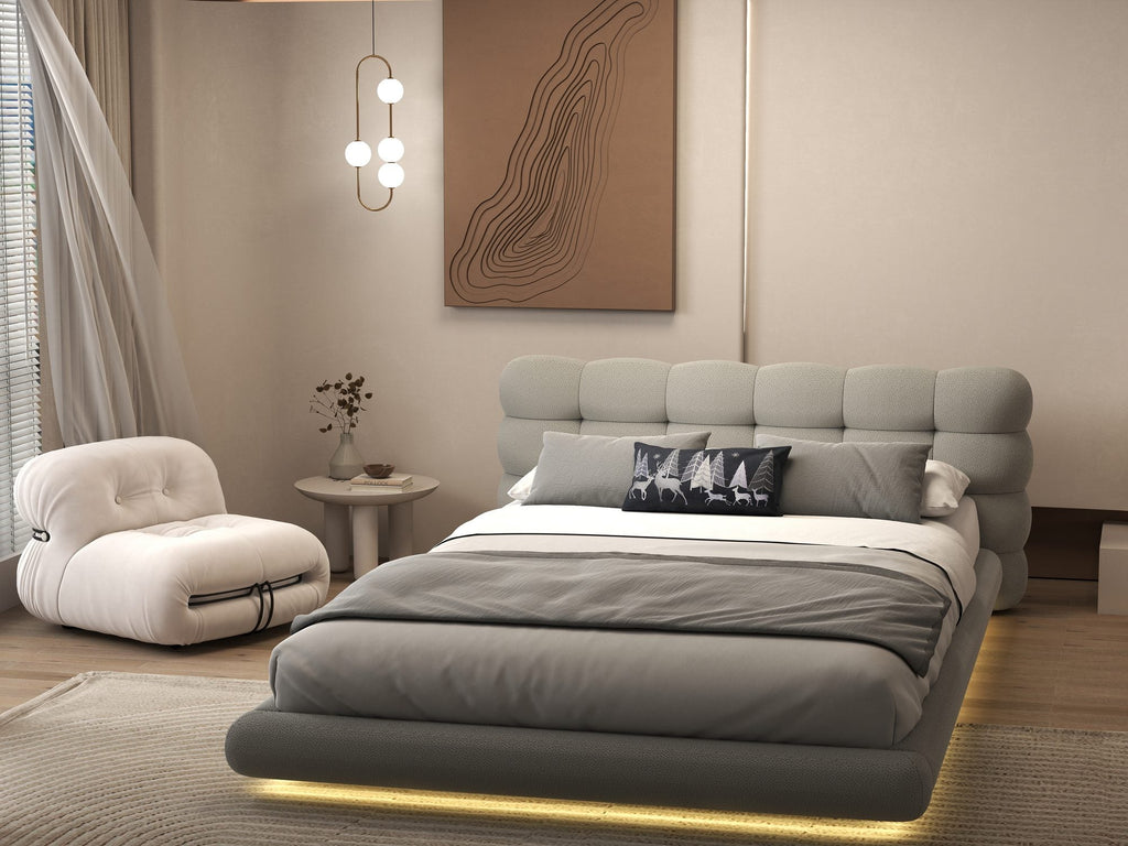 Pat dormitor dumonde, tapitat gri cu LED "floating bed" Cloud 160x200 cm, somiera inclusa