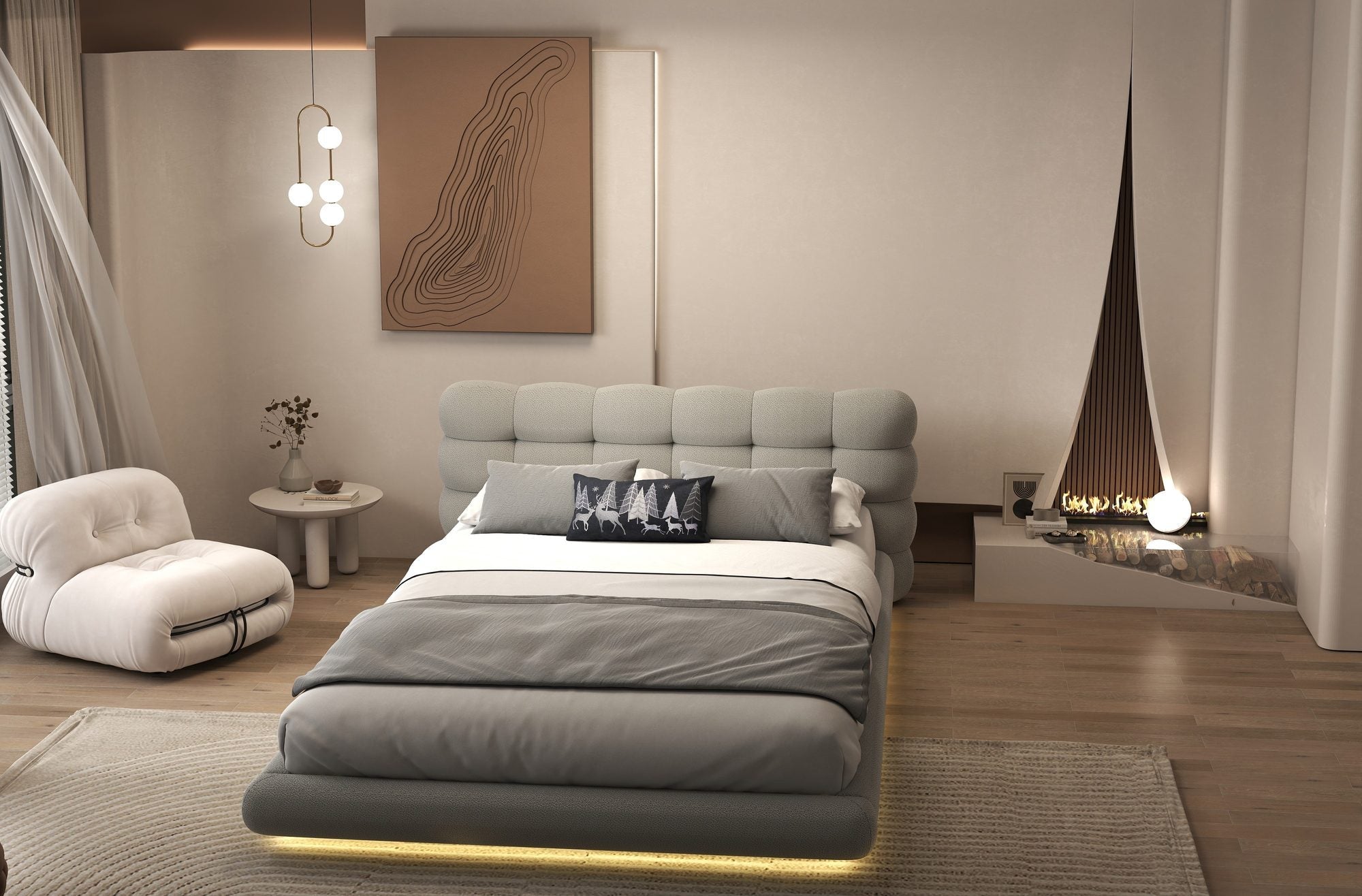 Pat dormitor dumonde, tapitat gri cu LED "floating bed" Cloud 160x200 cm, somiera inclusa