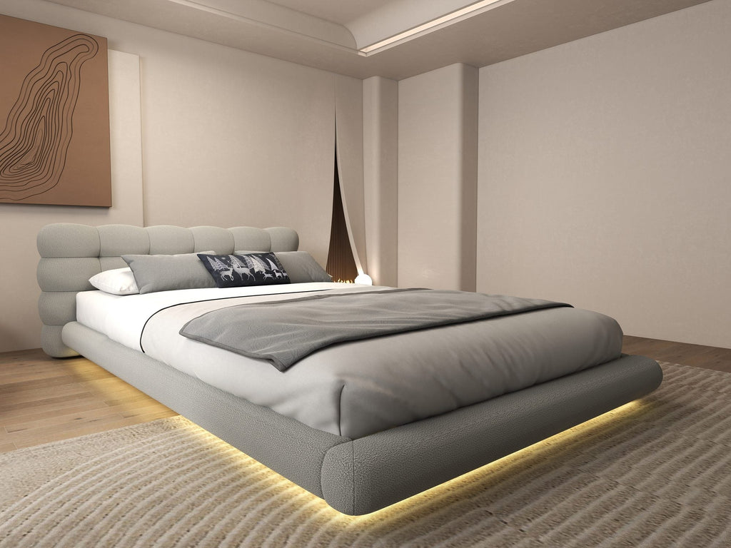 Pat dormitor dumonde, tapitat gri cu LED "floating bed" Cloud 160x200 cm, somiera inclusa