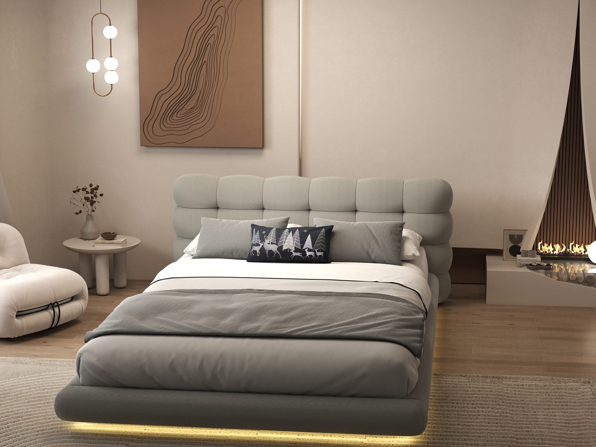 Pat dormitor dumonde, tapitat gri cu LED "floating bed" Cloud 160x200 cm, somiera inclusa