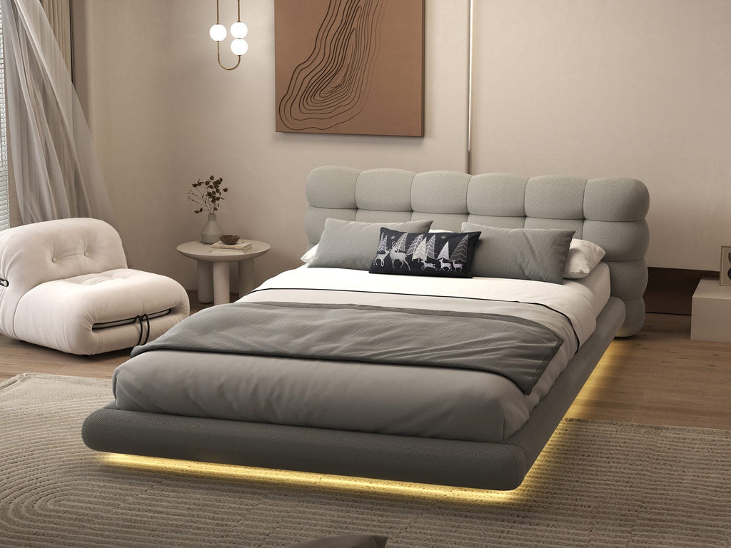 Pat dormitor dumonde, tapitat gri cu LED "floating bed" Cloud 160x200 cm, somiera inclusa